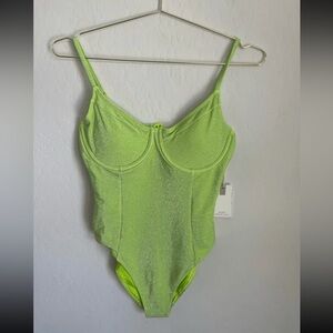 Good American Neon Green Sparkle High Cut  One Piece Swimsuit Adjustable Y2K (3)